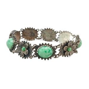 Vintage 800 Silver Peking Glass Flower Link Bracelet, 7" L